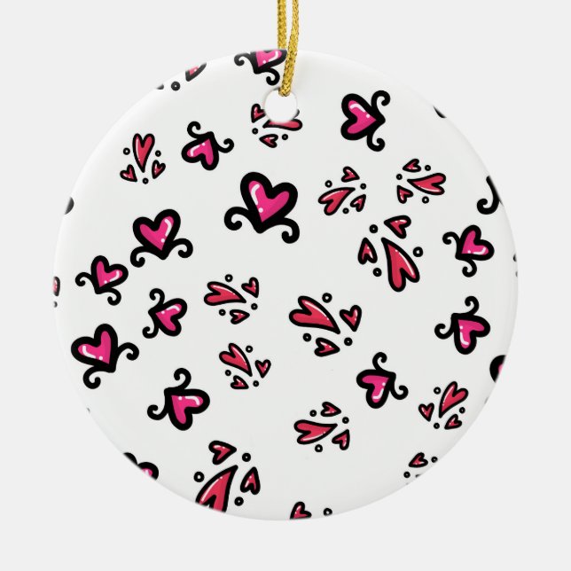 Pink Hearts Pattern – Cute Doodle Design Ceramic Tree Decoration (Front)