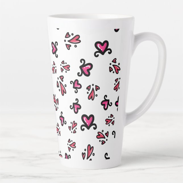 Pink Hearts Pattern – Cute Doodle Design Latte Mug (Right)