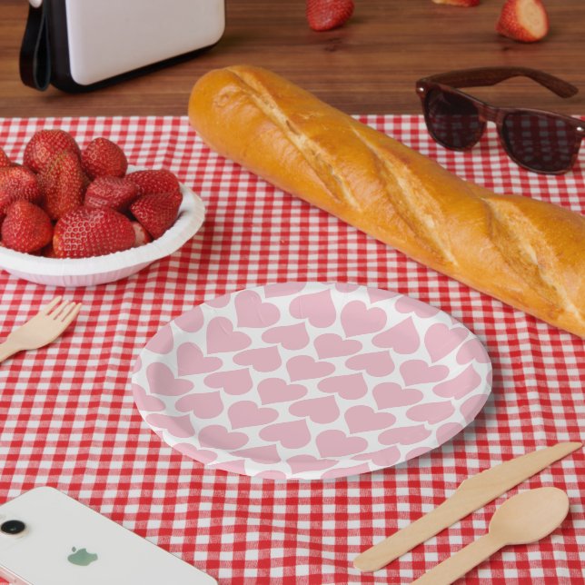 Pink Hearts Pattern, Romantic, Love Paper Plate (Picnic)