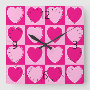Pink hearts pattern square wall clock