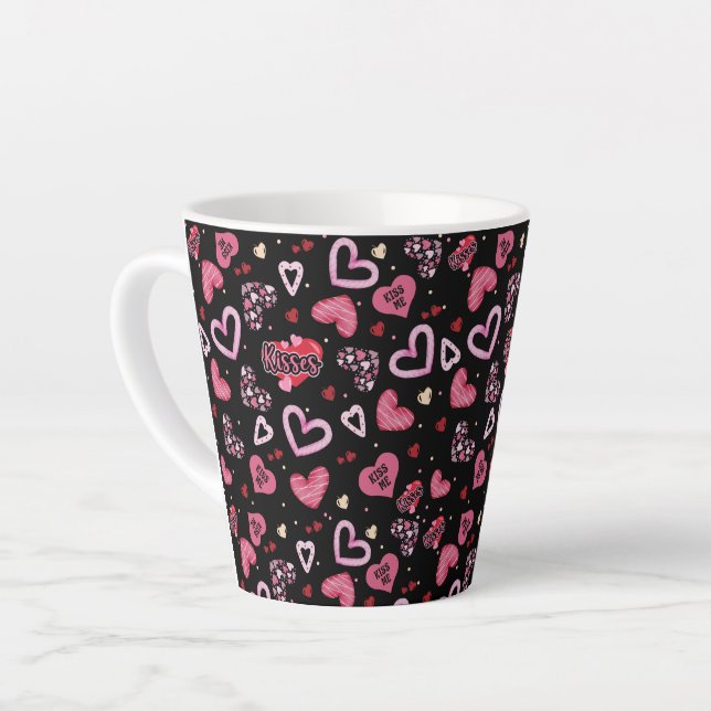 Pink Hearts Pattern Valentine's Day Latte Mug (Left Angle)