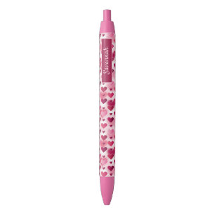 Pink Hearts Pattern With Custom Name Black Ink Pen