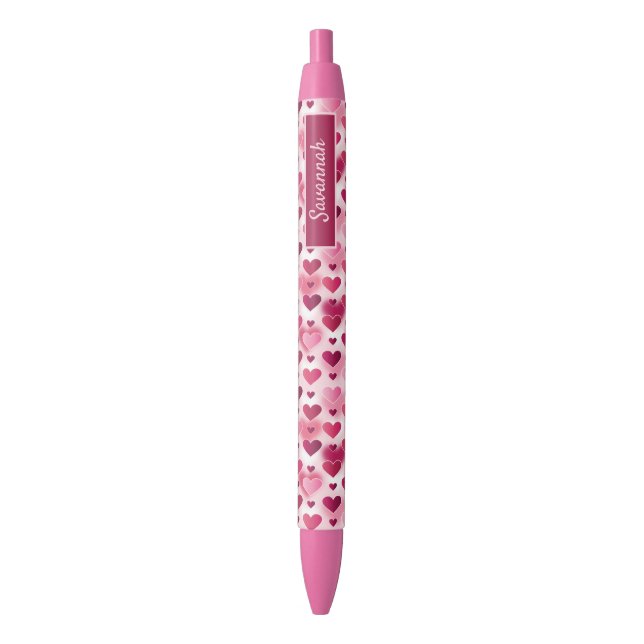 Pink Hearts Pattern With Custom Name Black Ink Pen (Front Vertical)