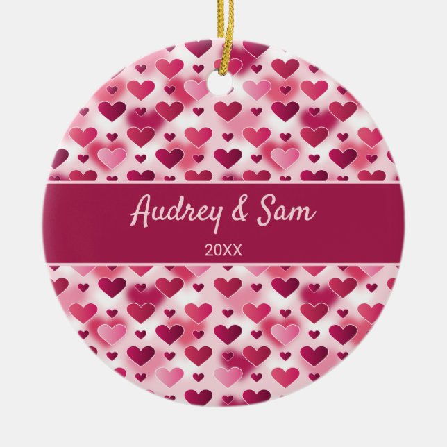 Pink Hearts Pattern With Custom Text Ceramic Tree Decoration (Front)