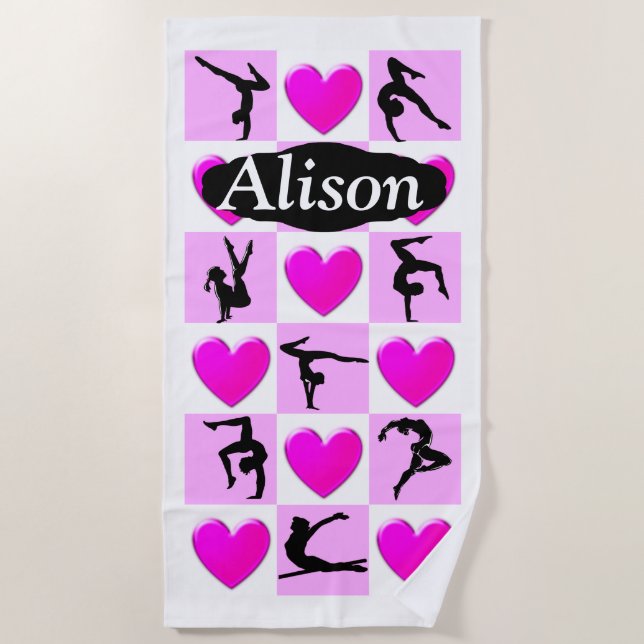 PINK HEARTS PERSONALIZED GYMNASTICS BEACH TOWEL (Front)
