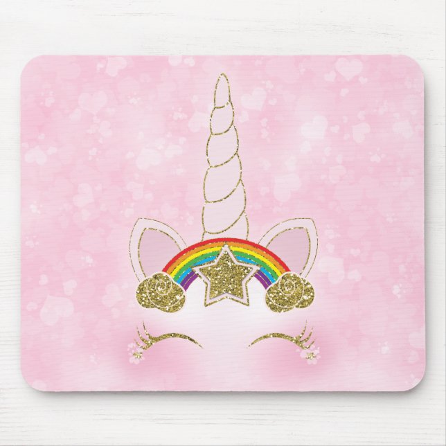 Pink Hearts Rainbow Star Unicorn Horn Face Mouse Pad (Front)