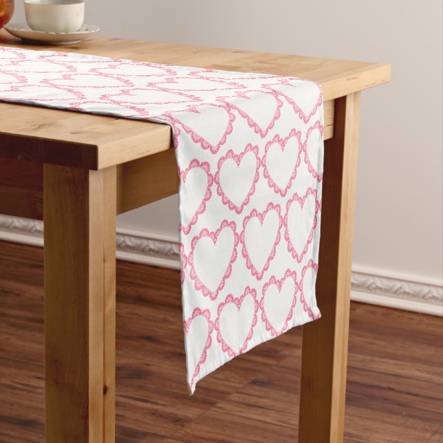 Pink Hearts Romantic Pink and White Country Short Table Runner (In Situ)