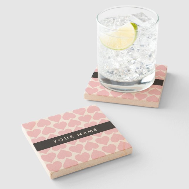 Pink Hearts, Romantic, Your Name, Personalise Stone Coaster (Side)
