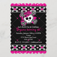 Pink Hearts, Skull & Crossbones Party Invitations