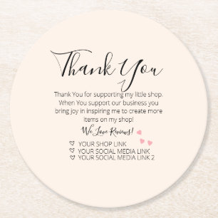 Pink Hearts Small Business Thank You Round Paper Coaster