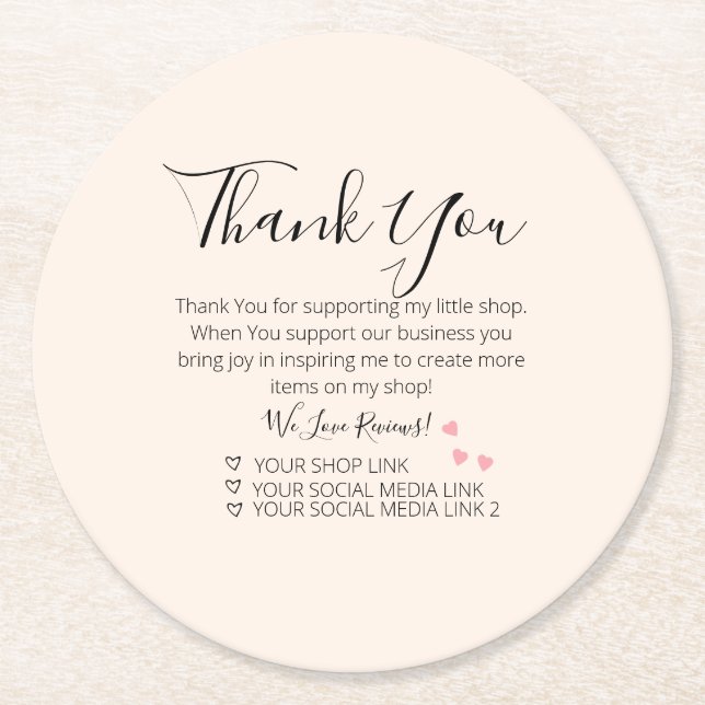 Pink Hearts Small Business Thank You   Round Paper Coaster (Front)