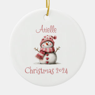 Pink Hearts Snowman Personalised Ornament