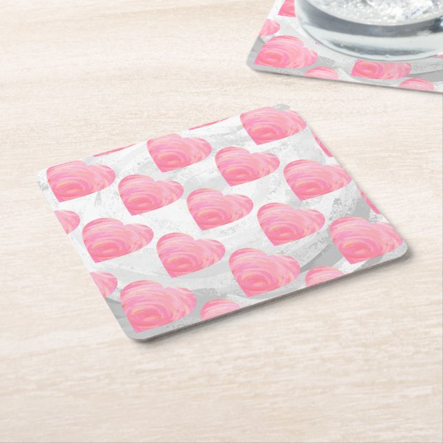 Pink Hearts Square Paper Coaster (Angled)