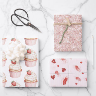 Pink Hearts Strawberry Cupcake   Wrapping Paper Sheet