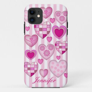 Pink Hearts, Stripes and Name Case-Mate iPhone Case