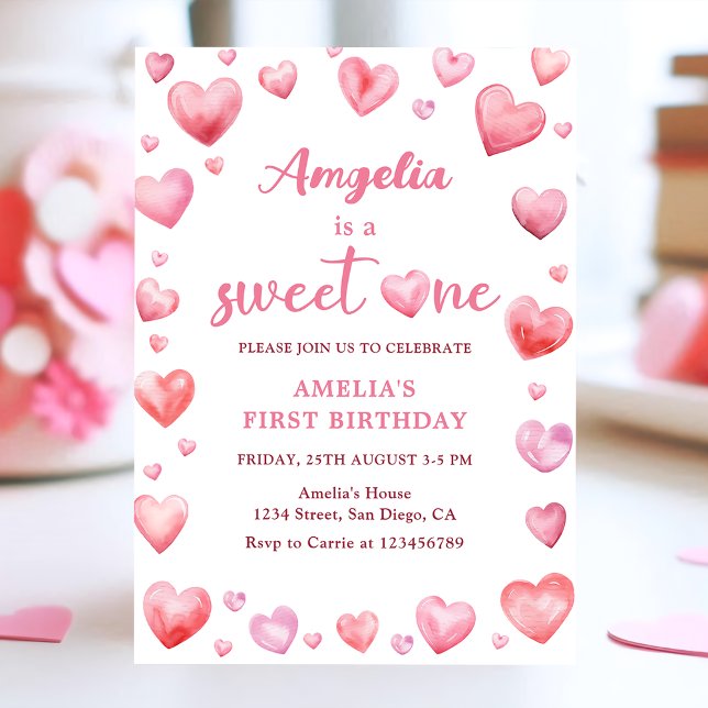 Pink Hearts Sweet One Valentine 1st Birthday Invitation (Creator Uploaded)