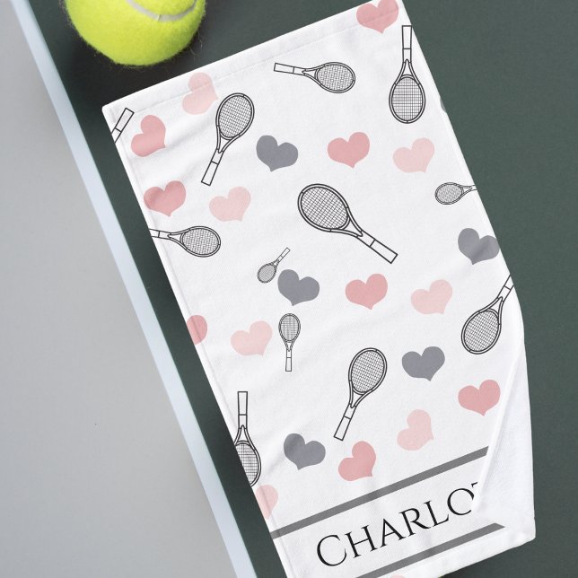 Pink Hearts & Tennis Rackets Pattern Hand Towel (Creator Uploaded)