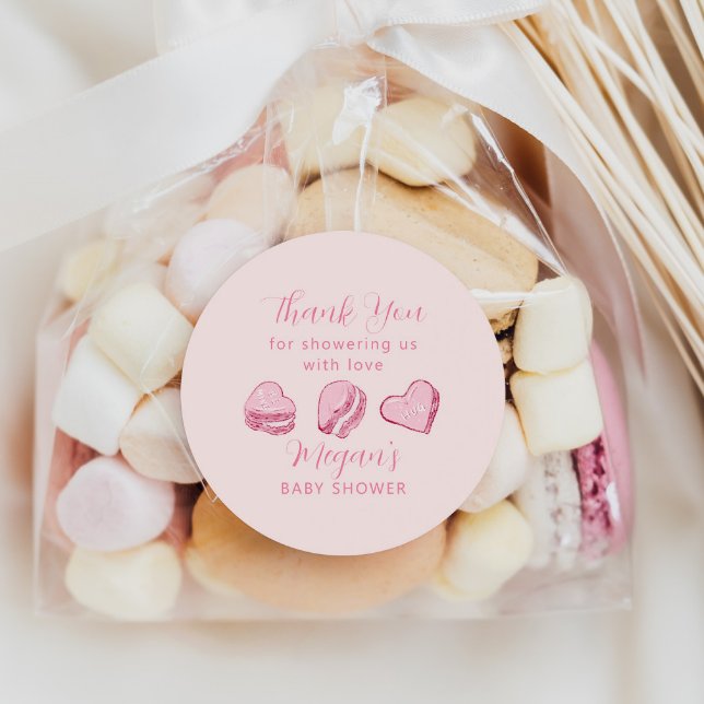 Pink Hearts Valentine Baby Shower Favour Classic Round Sticker (Creator Uploaded)