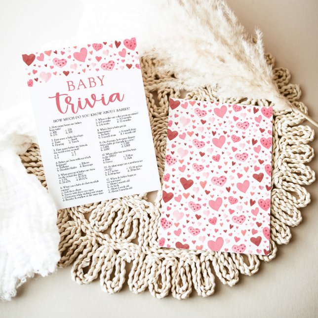 Pink Hearts Valentine Baby Trivia Baby Shower Game Invitation (Watercolor Cute Pink Red Hearts Valentine A Little Sweetheart Girl Baby Trivia Baby Shower Game)