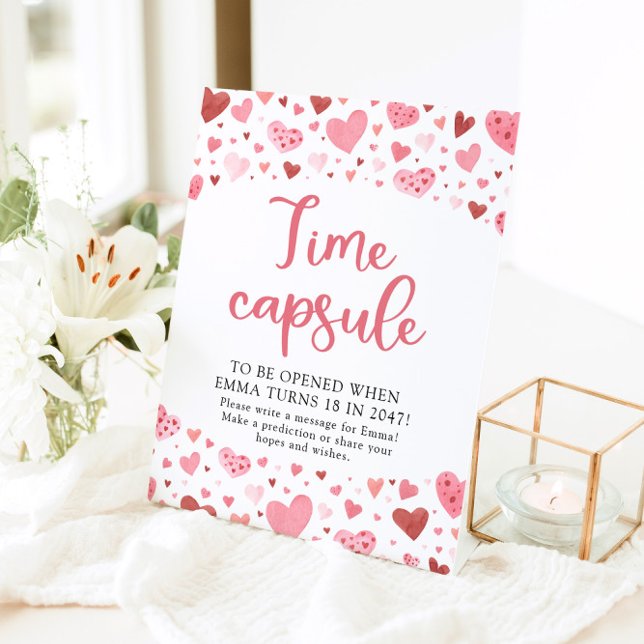 Pink Hearts Valentine Time Capsule Baby Shower Pedestal Sign (Creator Uploaded)
