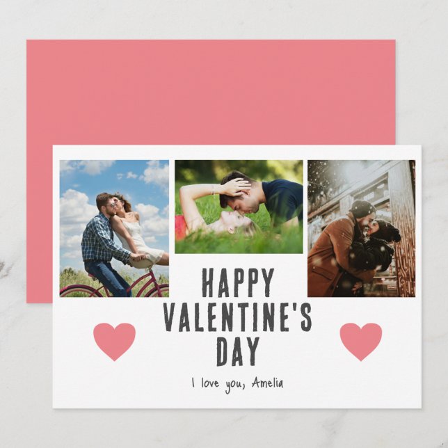 Pink Hearts Valentine's Day Boyfriend 3 Photo Holiday Card (Front/Back)