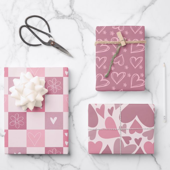 Pink Hearts Valentine's Day Love Retro Chequered  Wrapping Paper Sheet (Front)