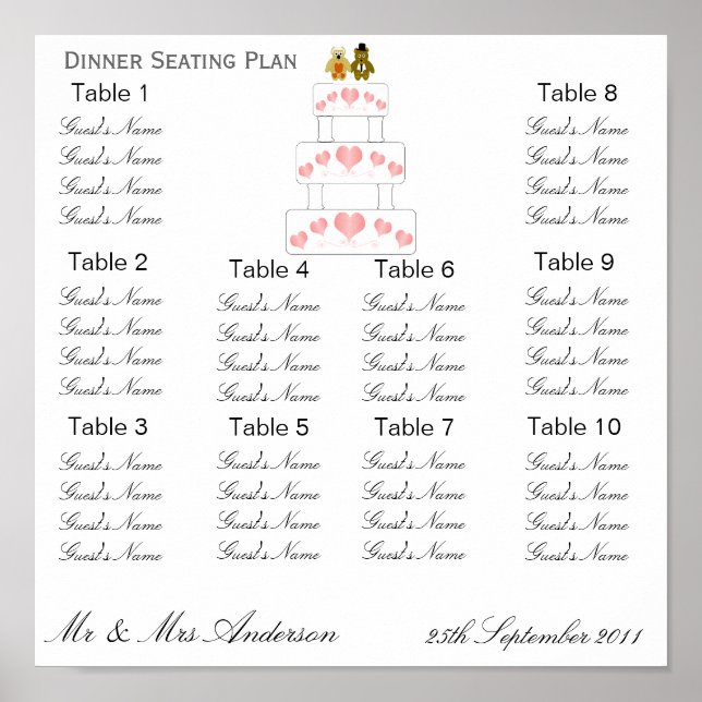 Pink Hearts Wedding Dinner Seating Plan Poster (Front)