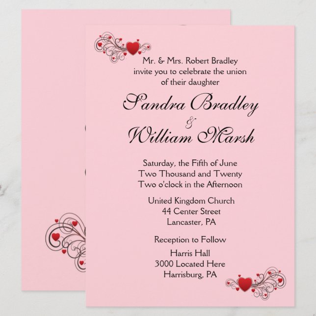 Pink Hearts Wedding Invitation (Front/Back)