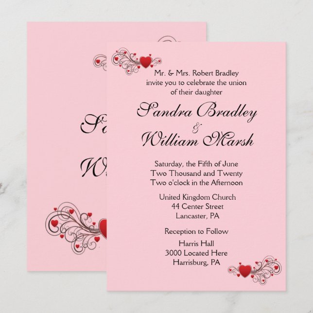 Pink Hearts Wedding Invitation (Front/Back)