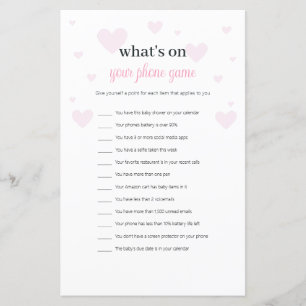 Pink Hearts What's on Your Phone Baby Shower Game