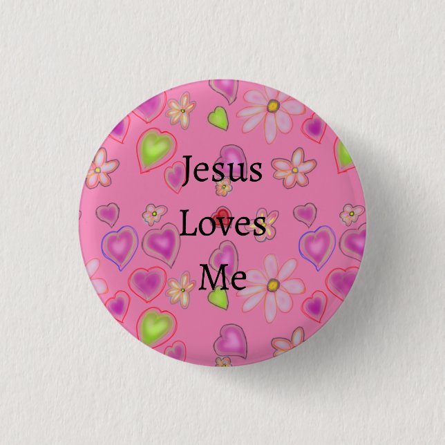 Pink Hearts White Flowers Jesus Loves Me 3 Cm Round Badge (Front)
