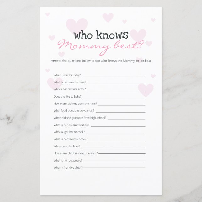 Pink Hearts Who Knows Mummy Best Baby Shower Game (Front)
