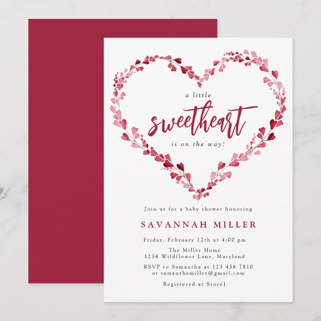 Pink Hearts Wreath Little Sweetheart Baby Shower Invitation (Front/Back)