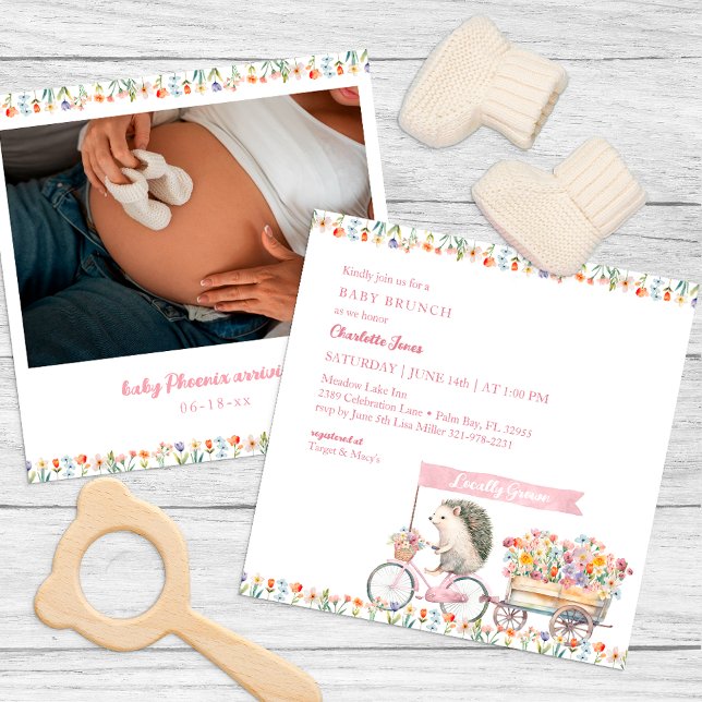 Pink Hedgehog Baby Shower Photo Invitation (Whimsical Baby Shower Invitation)