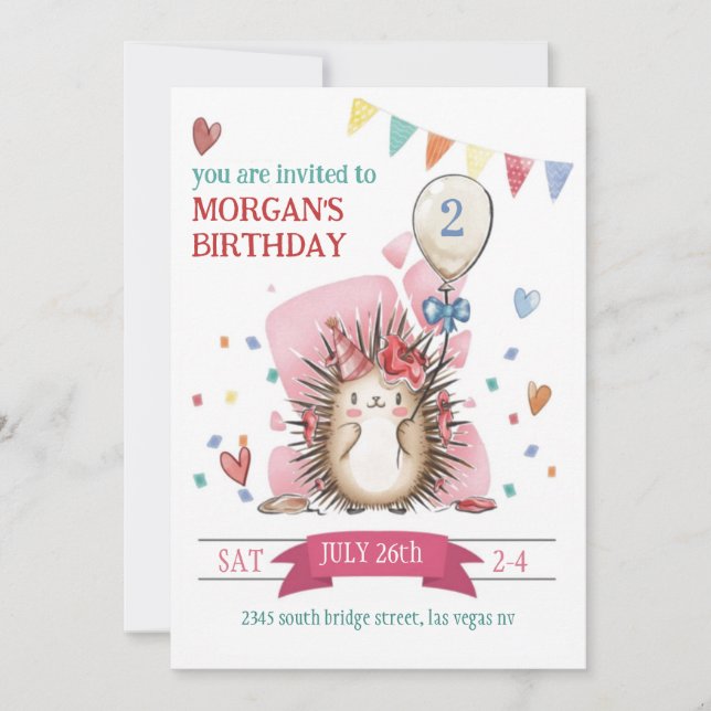 Pink Hedgehog Children's Birthday Invitation (Front)
