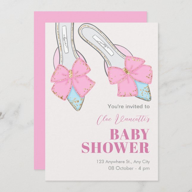 Pink heels with ribbon baby shower invitation (Front/Back)