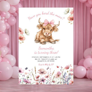 Pink Heifer Bull Floral Birthday Invitation