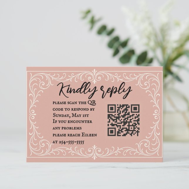 Pink Heirloom QR Code Wedding RSVP Card (Standing Front)