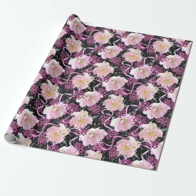 Pink Hellebore Flowers Berries & Ribbons on Black Wrapping Paper (Unrolled)
