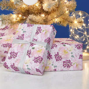 Pink Hellebore Flowers Berries & Ribbons on Pink Wrapping Paper