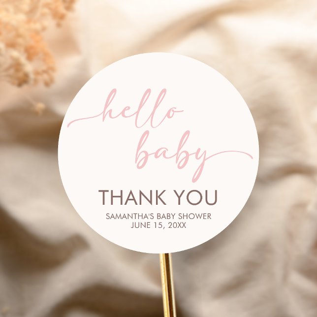 Pink Hello Baby Shower Classic Round Sticker (Pink Hello Baby Minimalist Baby Shower Sticker)