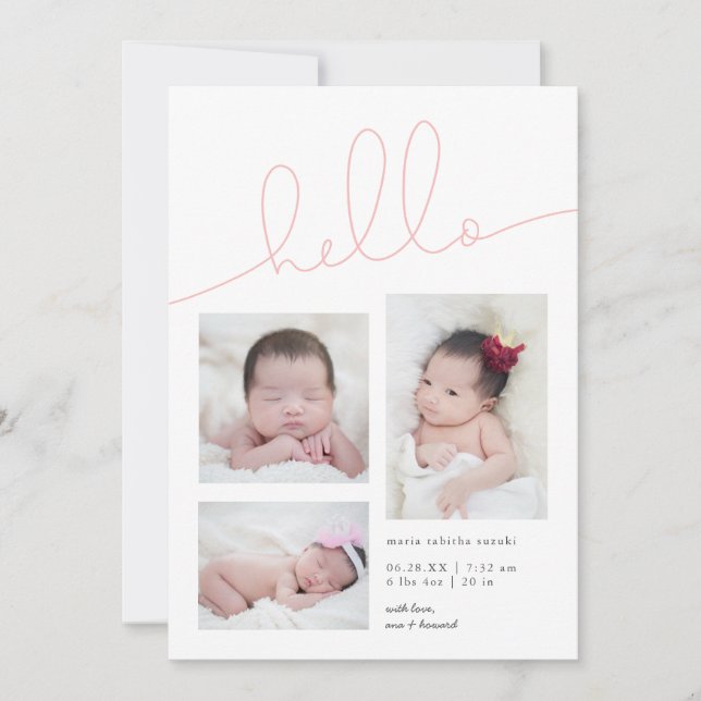 Pink Hello Script Multi Photo Girl Birth Announcement (Front)