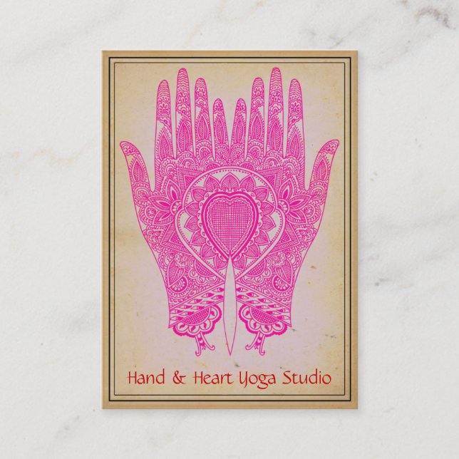 Pink Henna Hands Yoga Studio Business Card (Front)