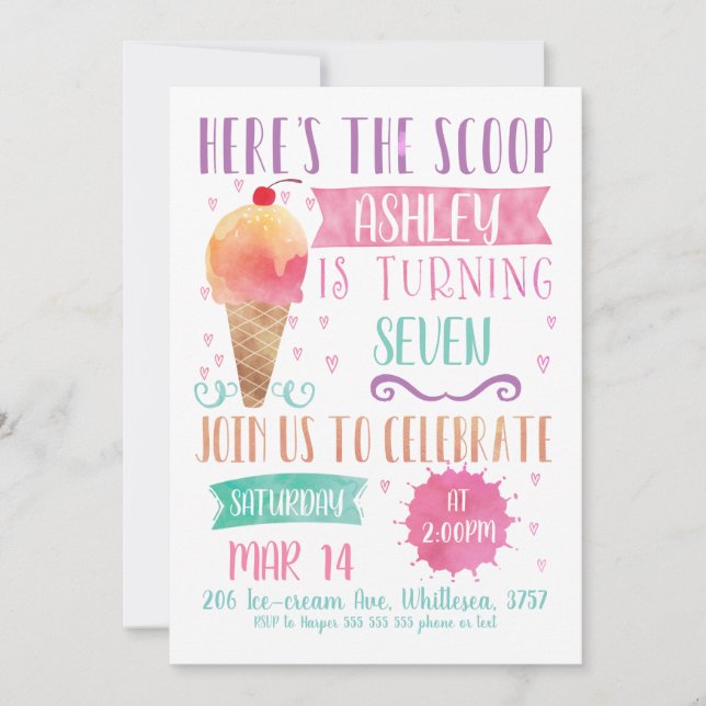 Pink Heres The Scoop Ice-Cream Birthday Invitation (Front)