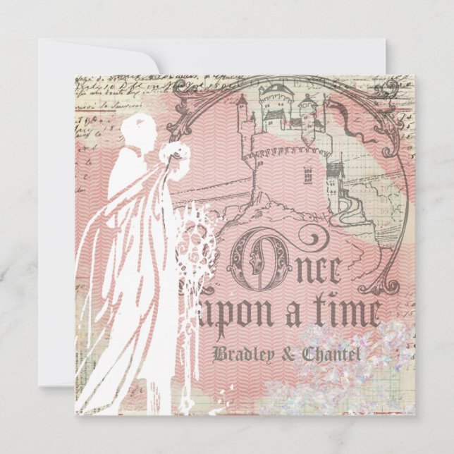 Pink Herringbone Once Upon a Time  Wedding Invite (Front)
