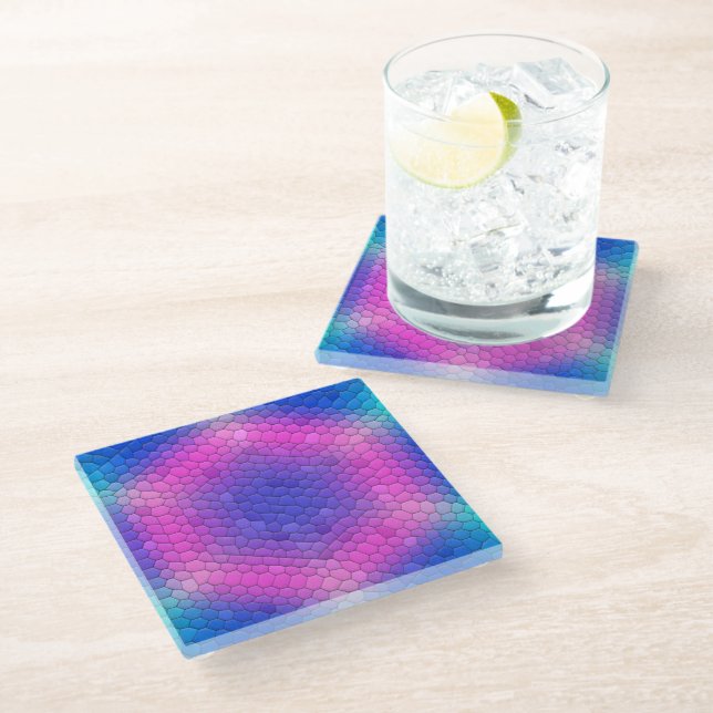 Pink Hexagon Mosaic on Blue Gradient Glass Coaster (Angled)