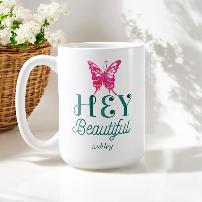 Pink Hey Beautiful Quote Green Typography Coffee Mug (Creator Uploaded)