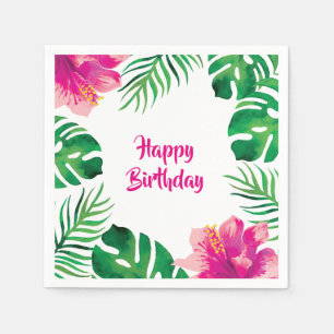 Pink Hibiscus and Tropical Leaves 2 Party Napkin