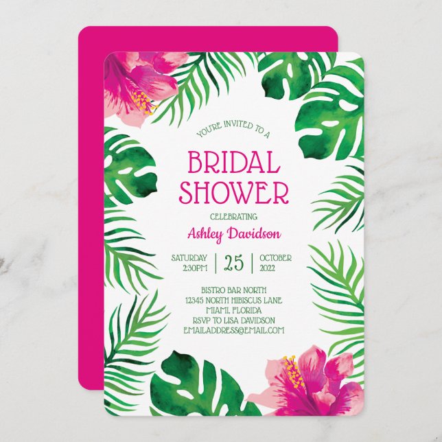 Pink Hibiscus and Tropical Leaves Bridal Shower Invitation (Front/Back)