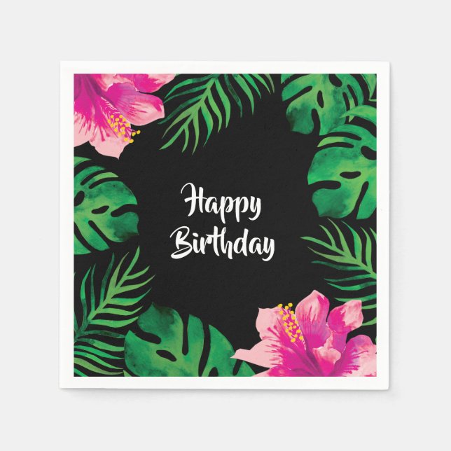 Pink Hibiscus and Tropical Leaves Party Napkin (Front)